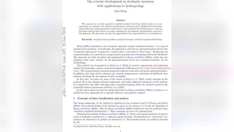 On a recent development in stochastic inversion with applications to   hydrogeology
