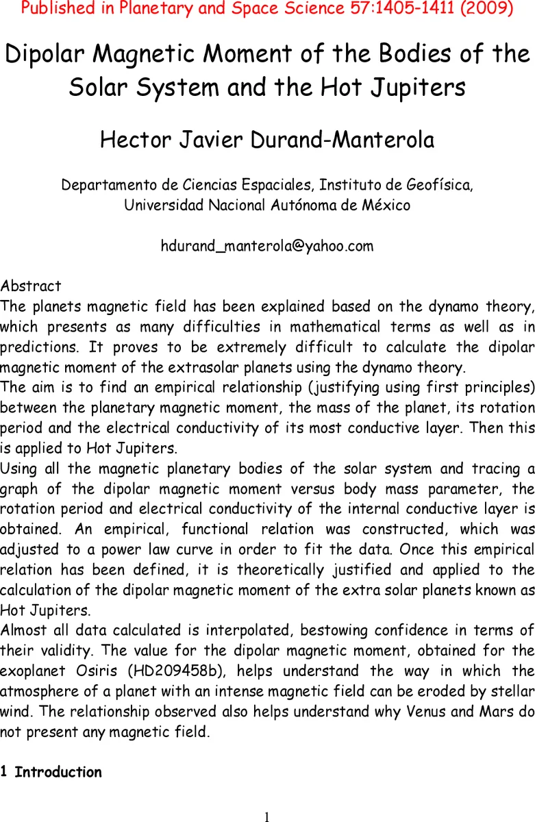Dipolar Magnetic Moment of the Bodies of the Solar System and the Hot   Jupiters