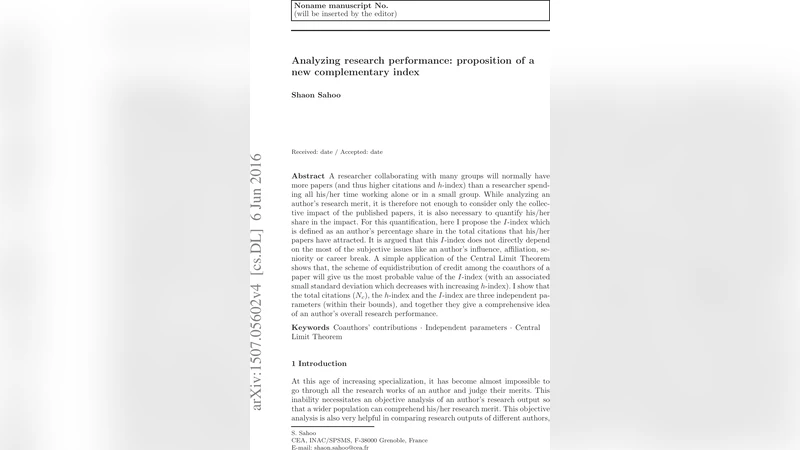 Analyzing research performance: proposition of a new complementary index