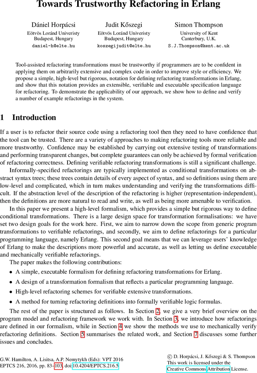 Towards Trustworthy Refactoring in Erlang
