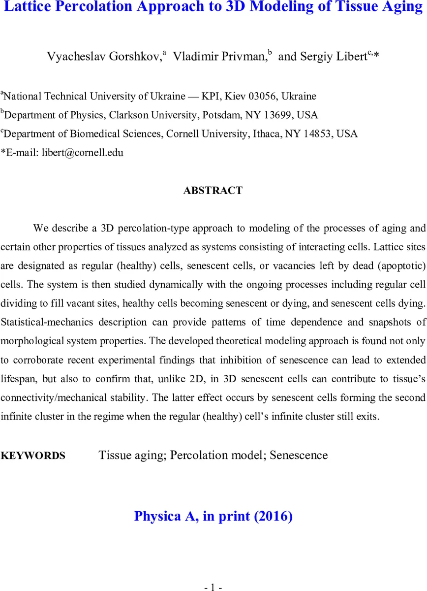 Lattice Percolation Approach to 3D Modeling of Tissue Aging