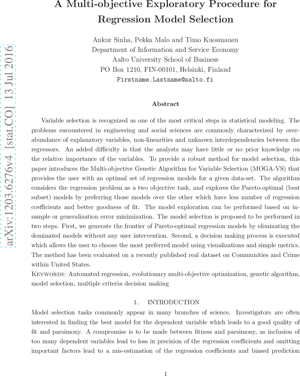 A Multi-objective Exploratory Procedure for Regression Model Selection