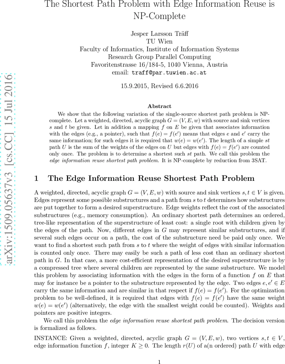 The Shortest Path Problem with Edge Information Reuse is NP-Complete