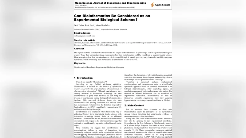 Can Bioinformatics Be Considered as an Experimental Biological Science?
