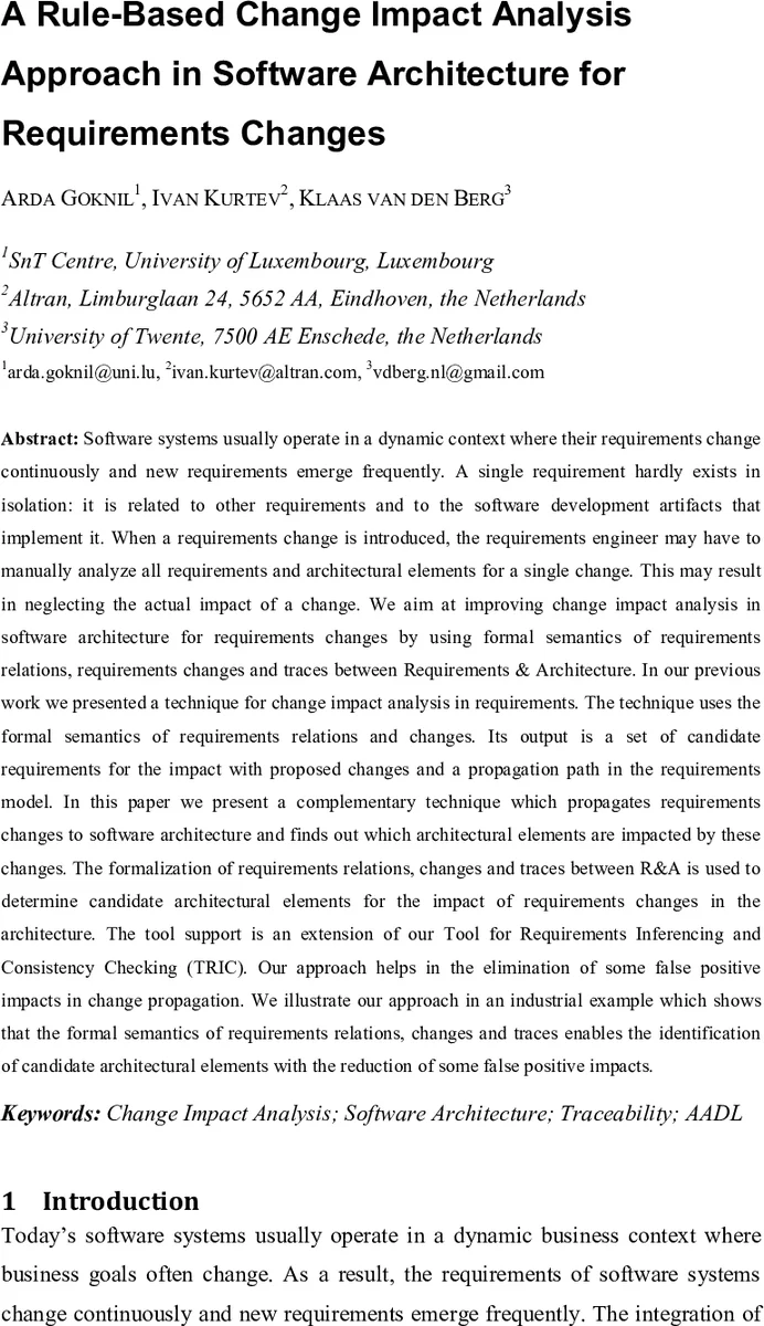 A Rule-Based Change Impact Analysis Approach in Software Architecture   for Requirements Changes