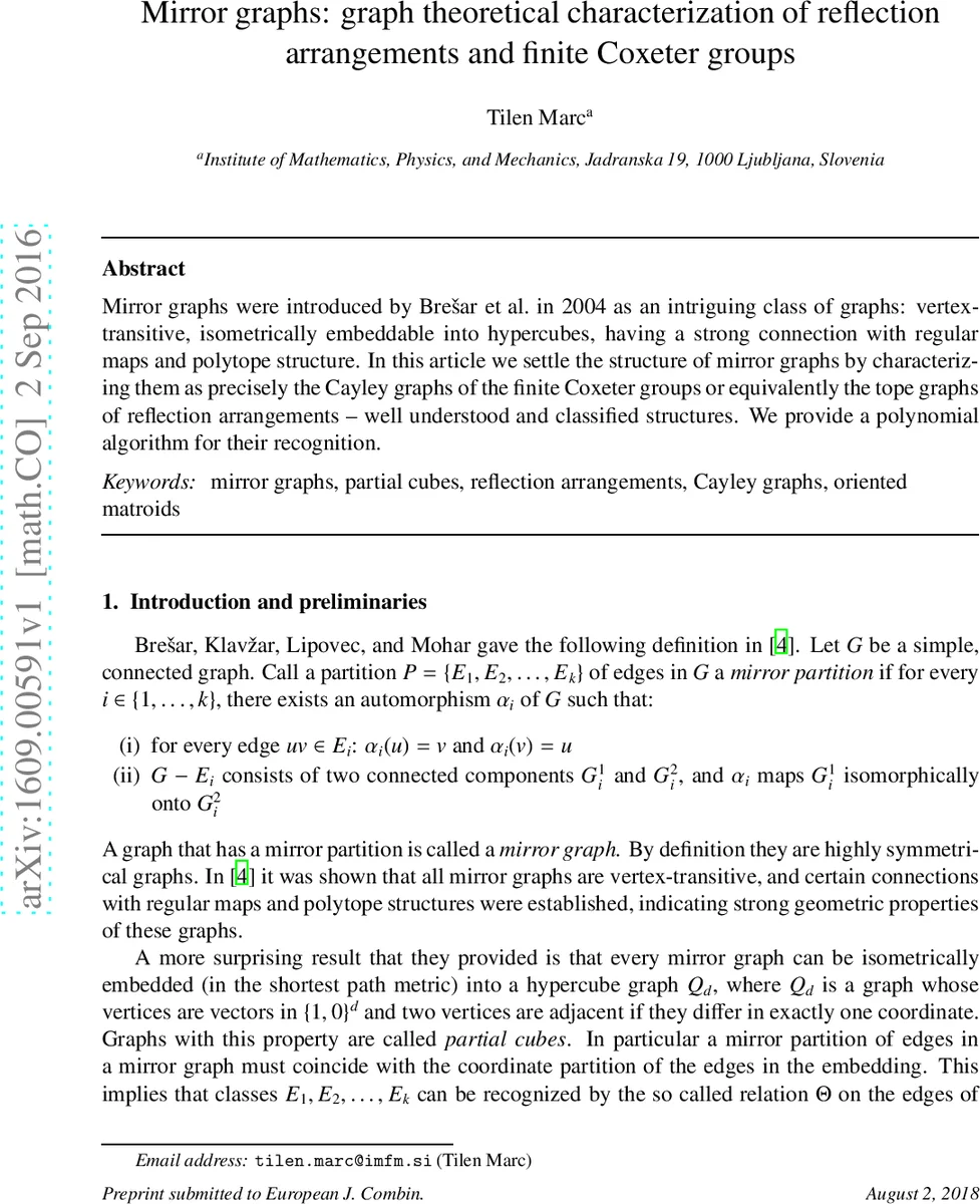 Mirror graphs: graph theoretical characterization of reflection   arrangements and finite Coxeter groups