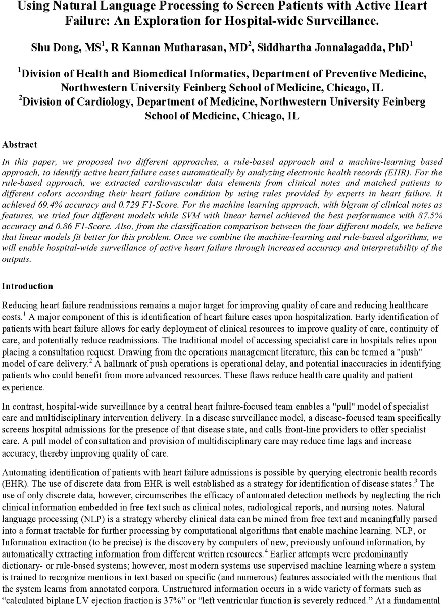 Using Natural Language Processing to Screen Patients with Active Heart   Failure: An Exploration for Hospital-wide Surveillance