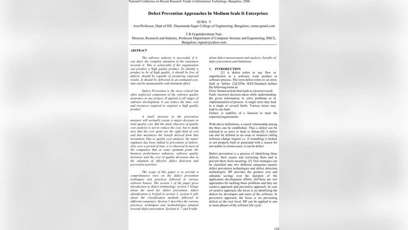 Defect Prevention Approaches In Medium Scale It Enterprises