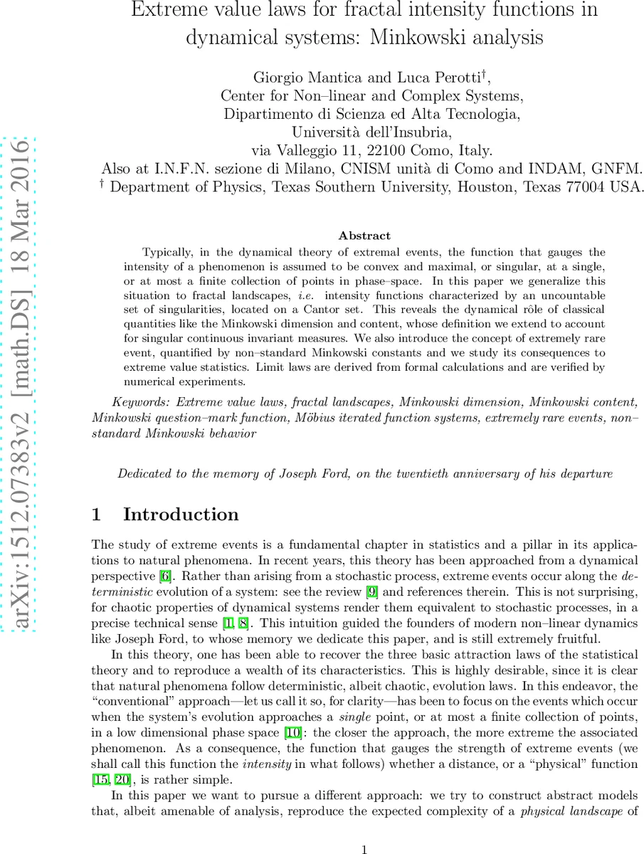 Extreme value laws for fractal intensity functions in dynamical systems:   Minkowski analysis