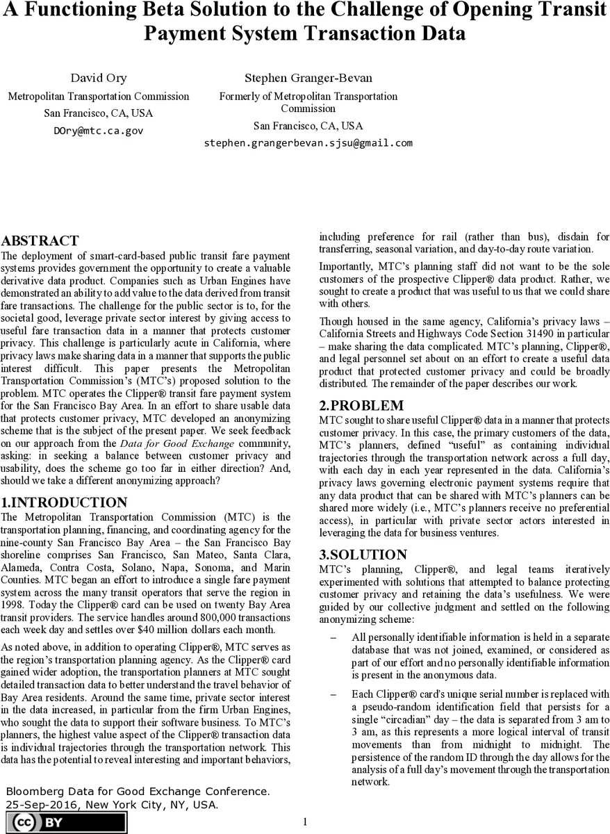 A Functioning Beta Solution to the Challenge of Opening Transit Payment   System Transaction Data