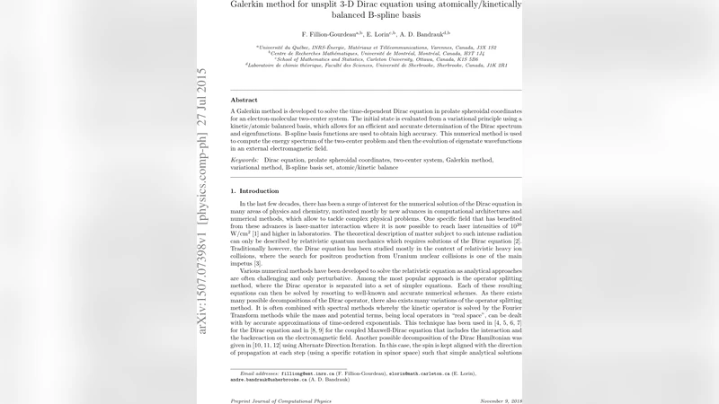 Galerkin method for unsplit 3-D Dirac equation using   atomically/kinetically balanced B-spline basis