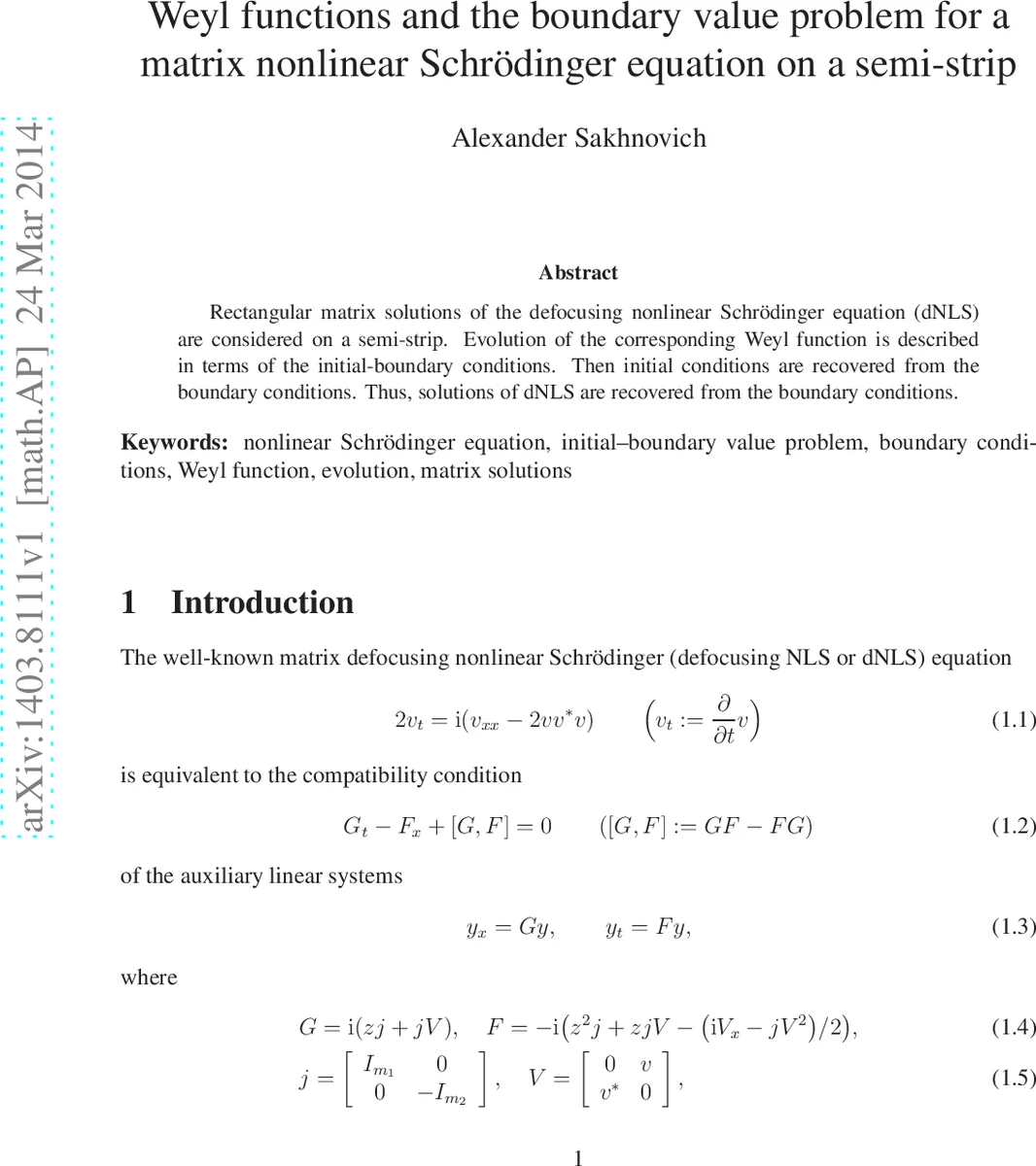 Weyl functions and the boundary value problem for a matrix nonlinear   Schr"odinger equation on a semi-strip