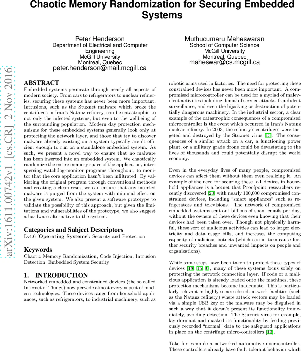 Chaotic Memory Randomization for Securing Embedded Systems