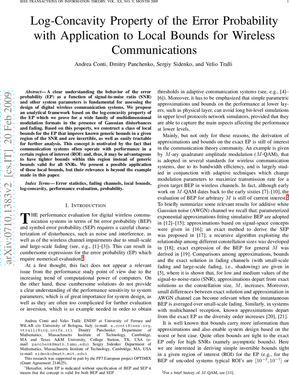 Log-concavity property of the error probability with application to   local bounds for wireless communications