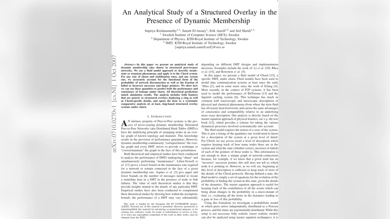 An Analytical Study of a Structured Overlay in the presence of Dynamic   Membership
