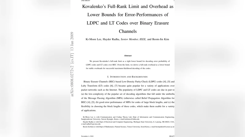 Kovalenkos Full-Rank Limit and Overhead as Lower Bounds for   Error-Performances of LDPC and LT Codes over Binary Erasure Channels