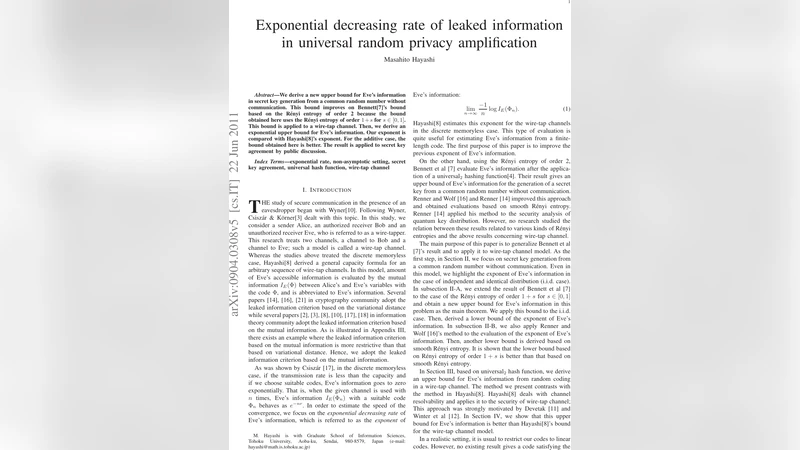 Exponential decreasing rate of leaked information in universal random   privacy amplification