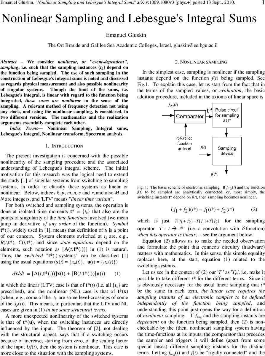 Nonlinear Sampling and Lebesgues Integral Sums