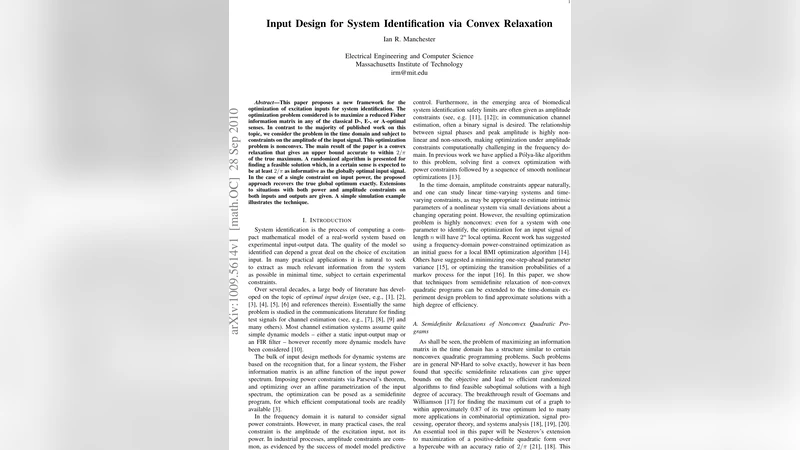 Input Design for System Identification via Convex Relaxation