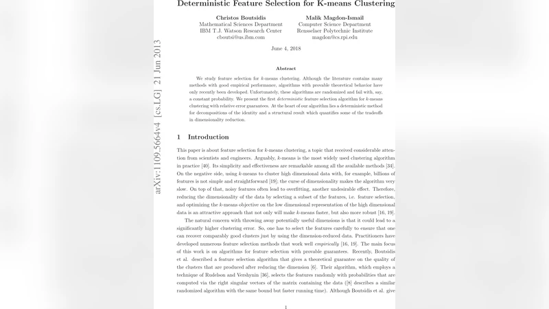 Deterministic Feature Selection for $k$-means Clustering