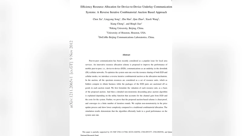 Efficiency Resource Allocation for Device-to-Device Underlay   Communication Systems: A Reverse Iterative Combinatorial Auction Based   Approach