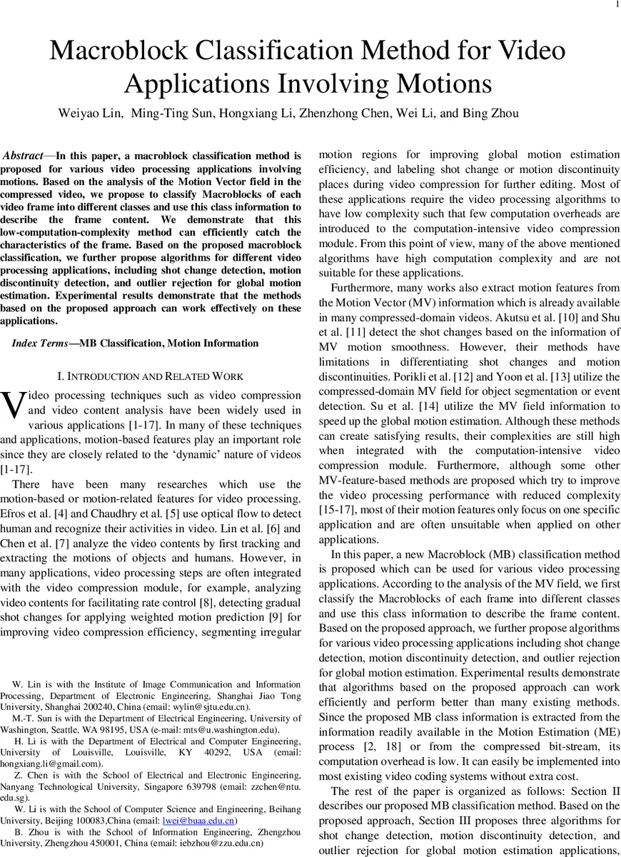Macroblock Classification Method for Video Applications Involving   Motions