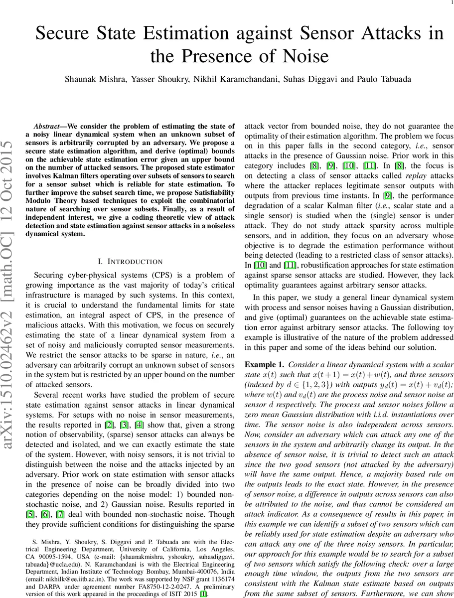 Secure State Estimation against Sensor Attacks in the Presence of Noise
