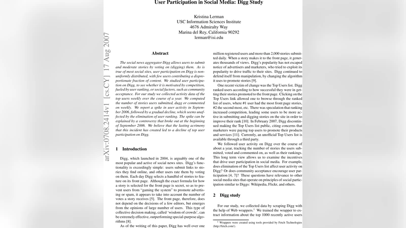 User Participation in Social Media: Digg Study