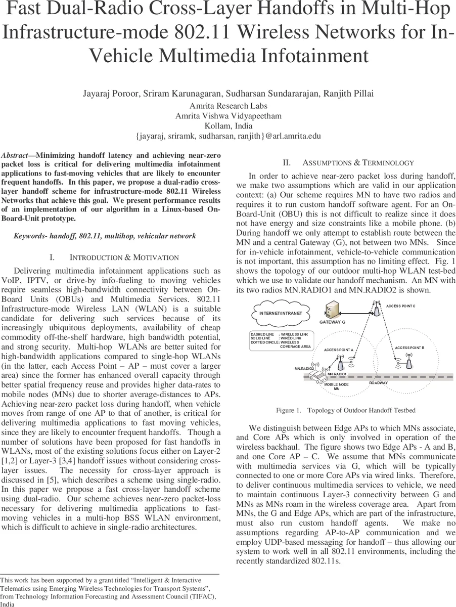 Fast Dual-Radio Cross-Layer Handoffs in Multi-Hop Infrastructure-mode   802.11 Wireless Networks for In-Vehicle Multimedia Infotainment