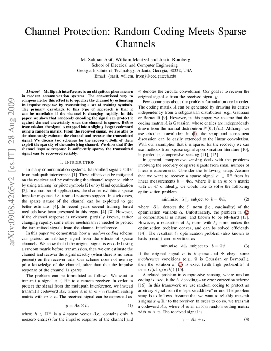 Channel Protection: Random Coding Meets Sparse Channels