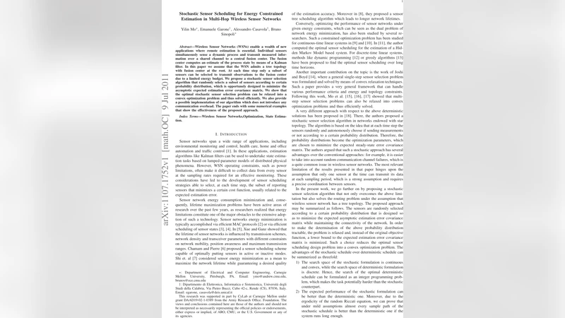 Stochastic Sensor Scheduling for Energy Constrained Estimation in   Multi-Hop Wireless Sensor Networks
