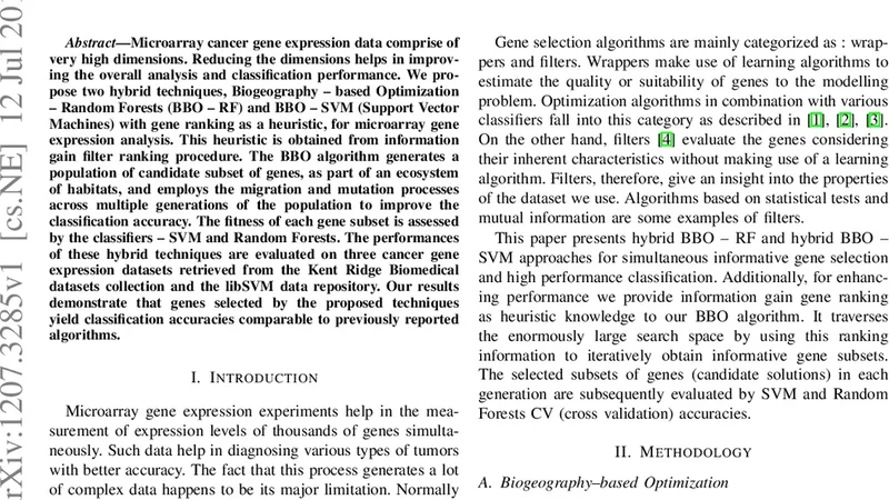 Biogeography-Based Informative Gene Selection and Cancer Classification   Using SVM and Random Forests