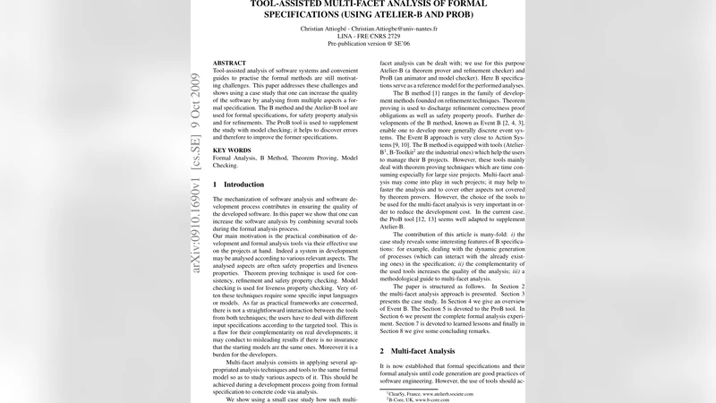 Tool-Assisted Multi-Facet Analysis of Formal Specifications (Using   Alelier-B and ProB)