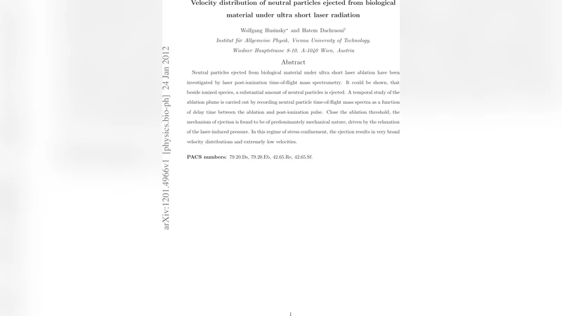 Velocity distribution of neutral particles ejected from biological   material under ultra short laser radiation