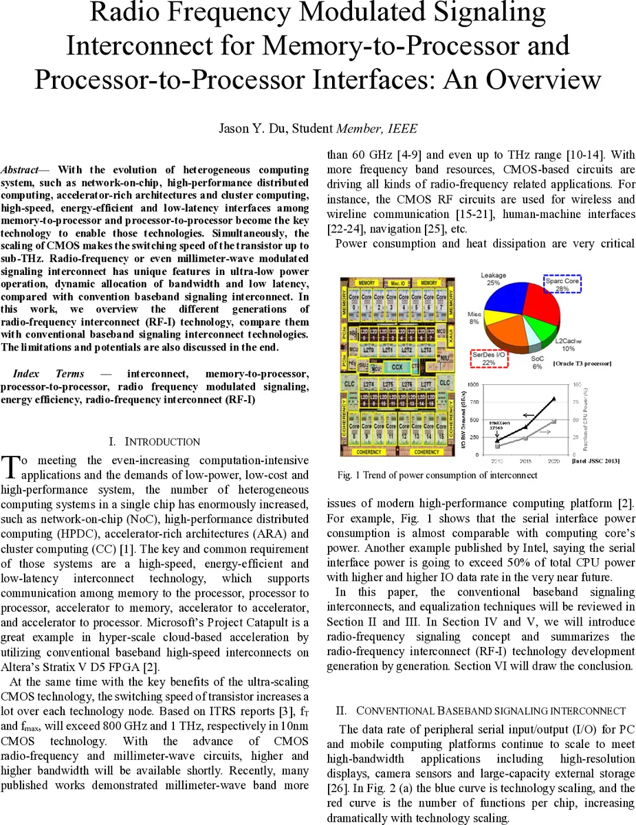 Radio Frequency Modulated Signaling Interconnect for Memory-to-Processor   and Processor-to-Processor Interfaces: An Overview