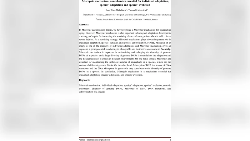 Misrepair mechanism: a mechanism essential for individual adaptation,   species adaptation and species evolution