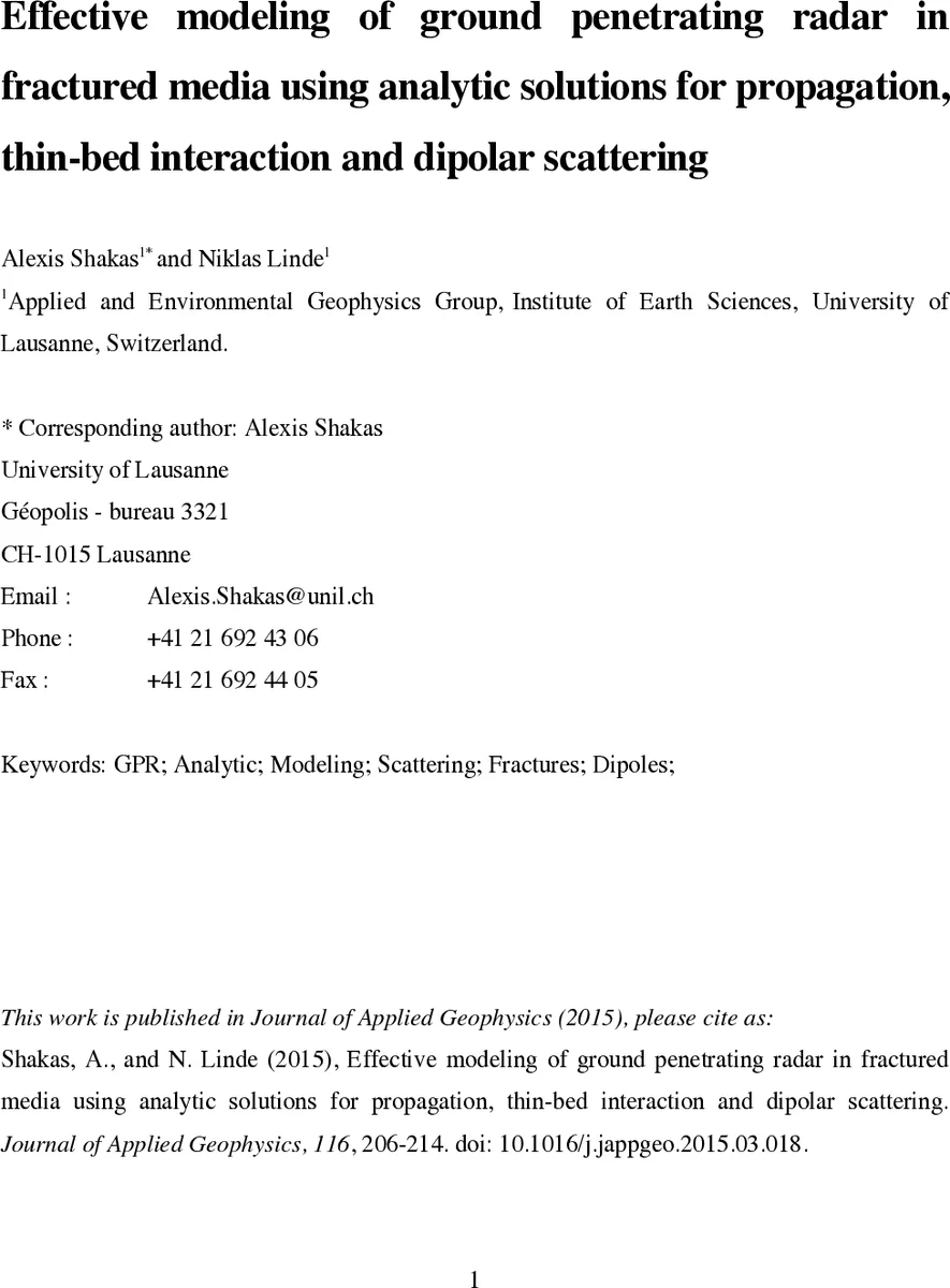 Effective modeling of ground penetrating radar in fractured media using   analytic solutions for propagation, thin-bed interaction and dipolar   scattering