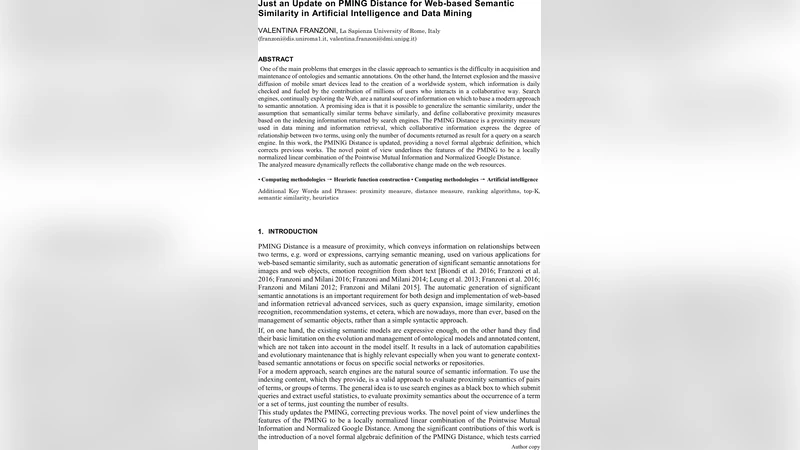 Just an Update on PMING Distance for Web-based Semantic Similarity in   Artificial Intelligence and Data Mining