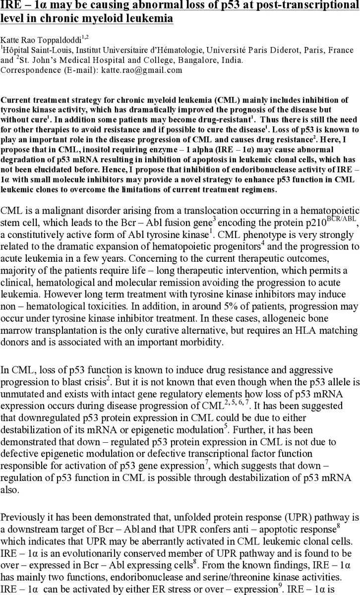 IRE1 alpha may be causing abnormal loss of p53 at post transcriptional   level in chronic myeloid leukemia