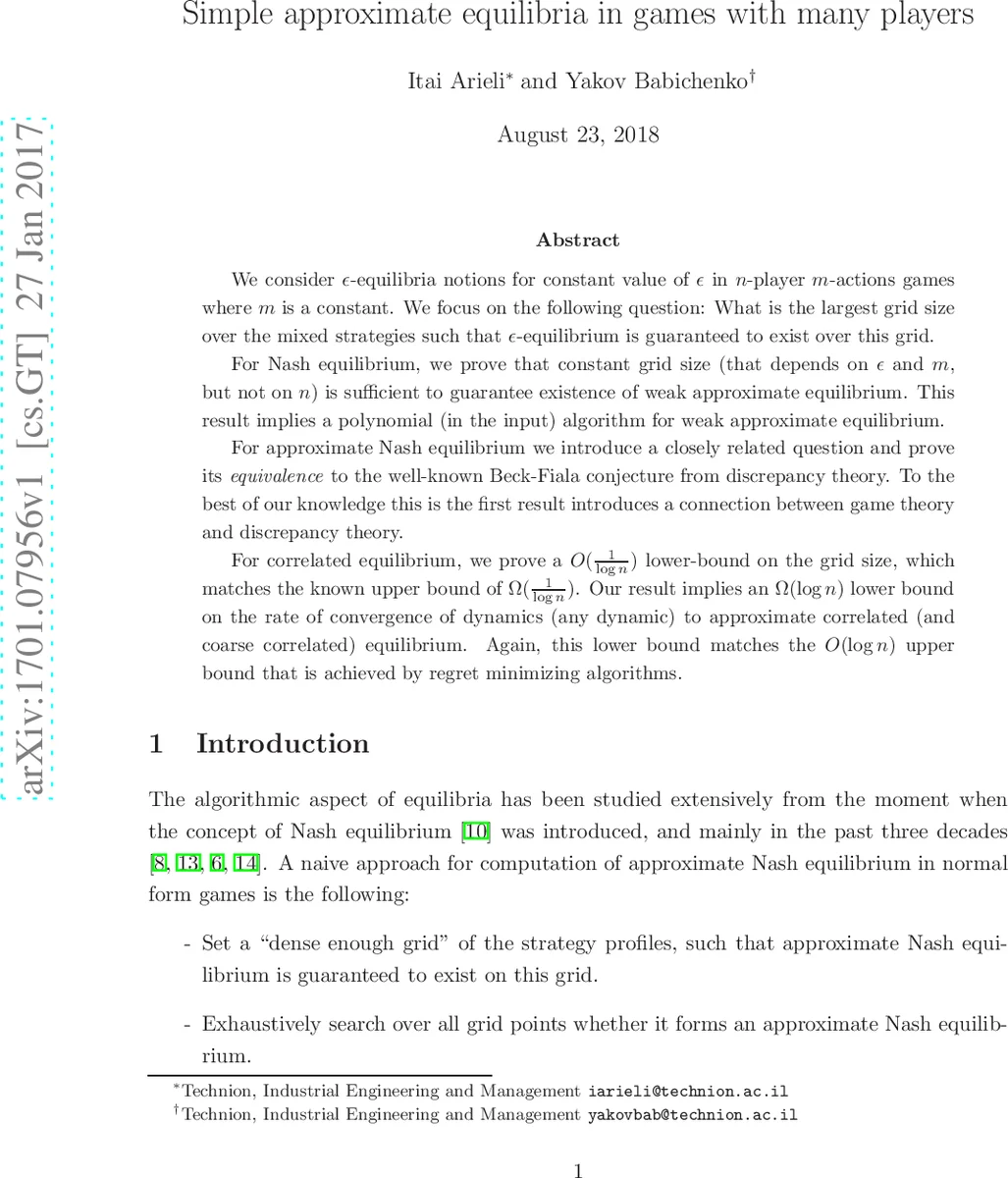 Simple approximate equilibria in games with many players
