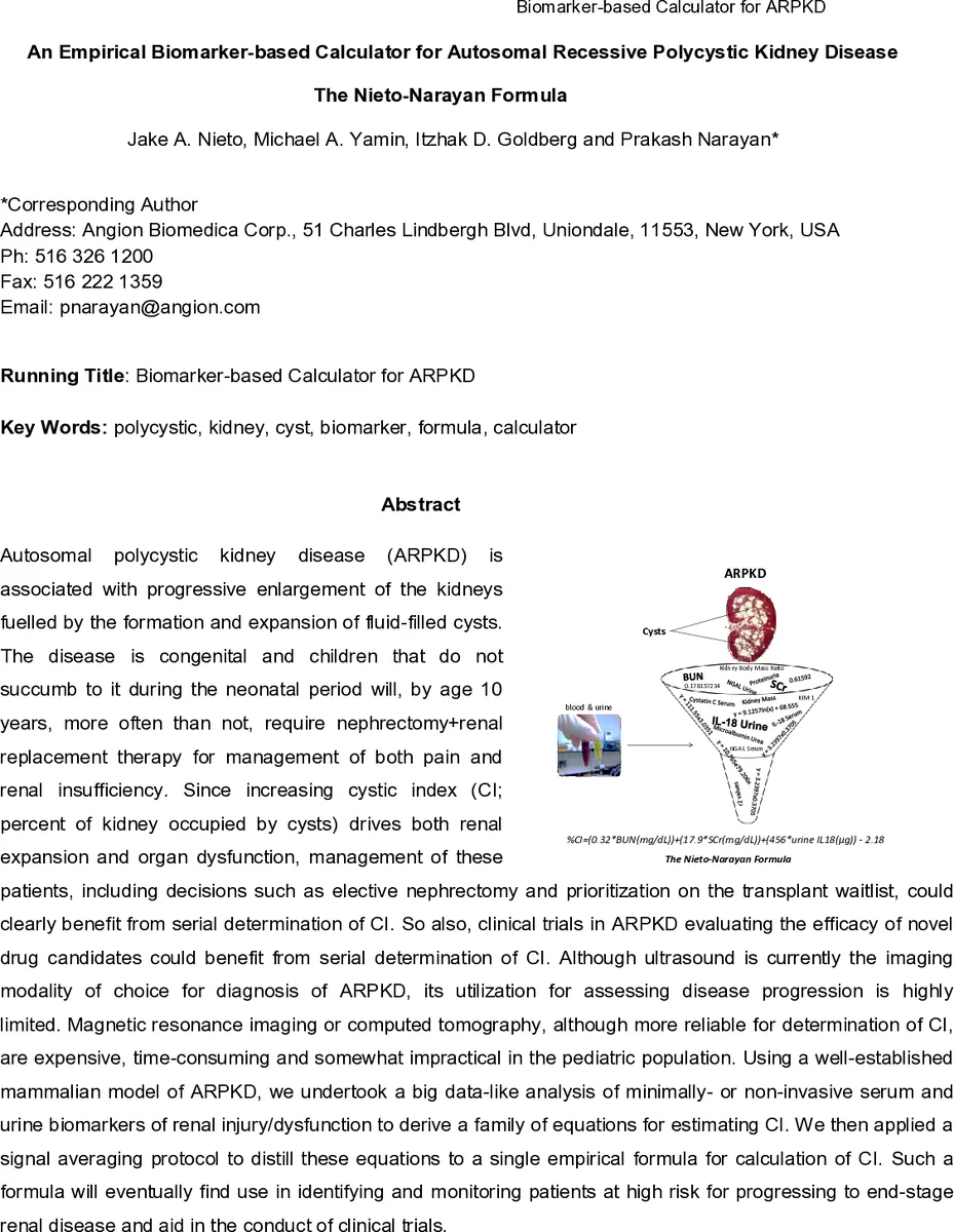 An Empirical Biomarker-based Calculator for Autosomal Recessive   Polycystic Kidney Disease - The Nieto-Narayan Formula