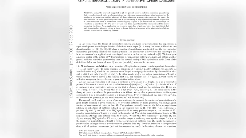 Using homological duality in consecutive pattern avoidance