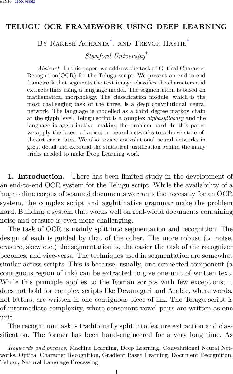 Telugu OCR Framework using Deep Learning