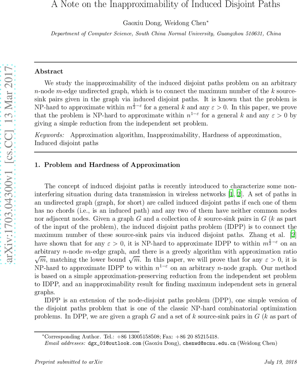 A Note on the Inapproximability of Induced Disjoint Paths