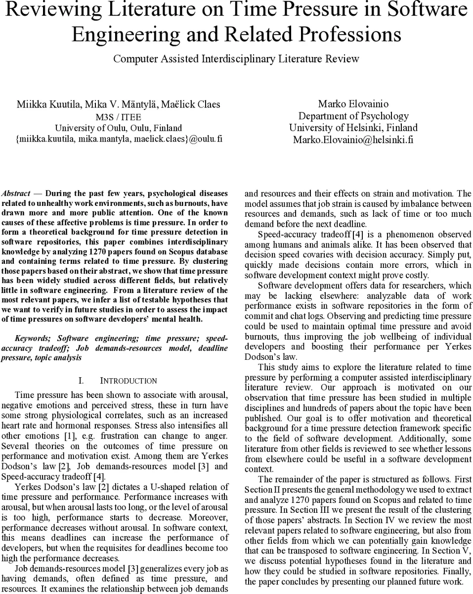 Reviewing Literature on Time Pressure in Software Engineering and   Related Professions - Computer Assisted Interdisciplinary Literature Review