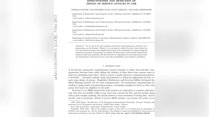 Effectiveness and detection of denial of service attacks in Tor