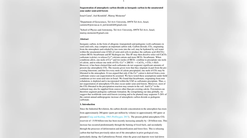 Sequestration of atmospheric carbon dioxide as inorganic carbon in the   unsaturated zone under semi-arid forests