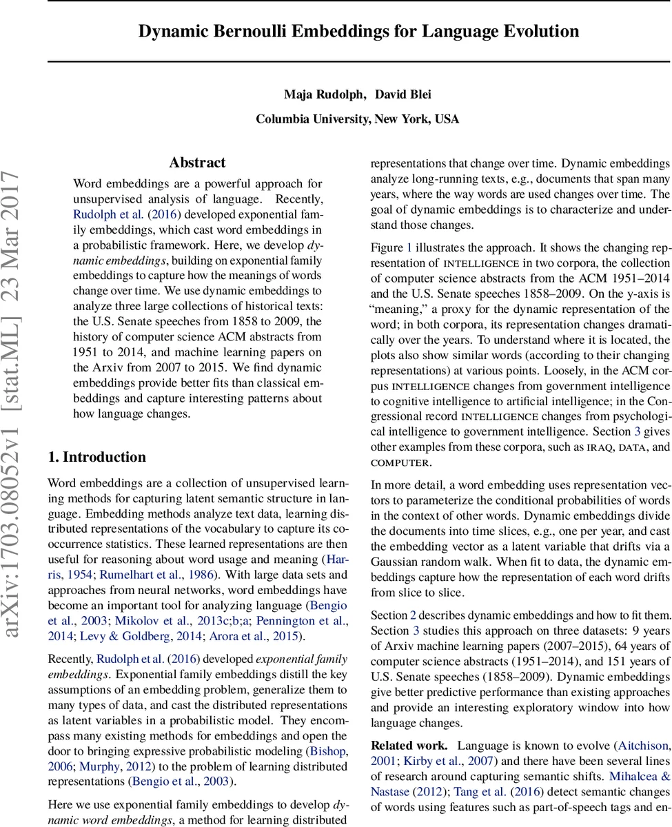 Dynamic Bernoulli Embeddings for Language Evolution
