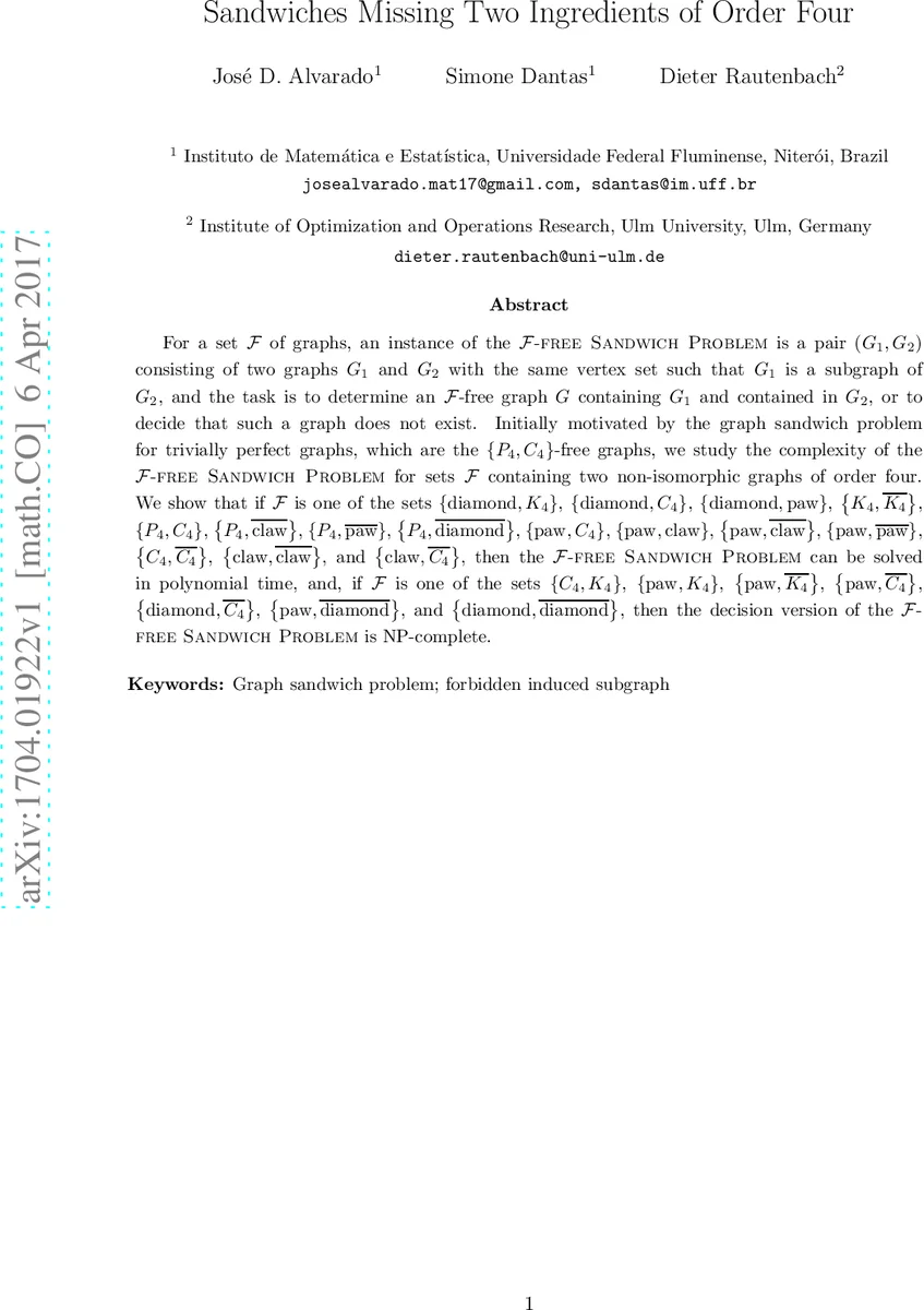 Sandwiches Missing Two Ingredients of Order Four