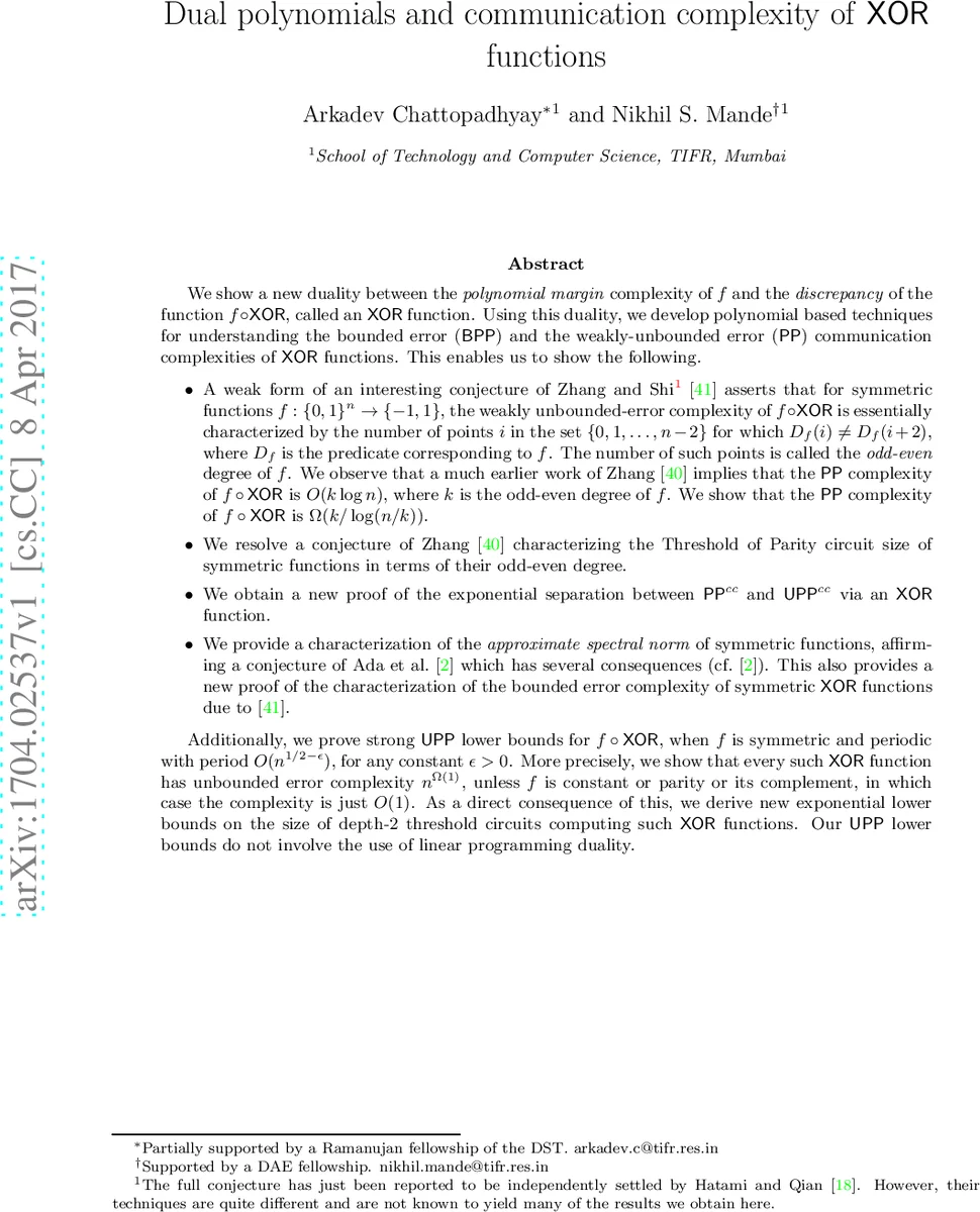 Dual polynomials and communication complexity of $textsf{XOR}$   functions
